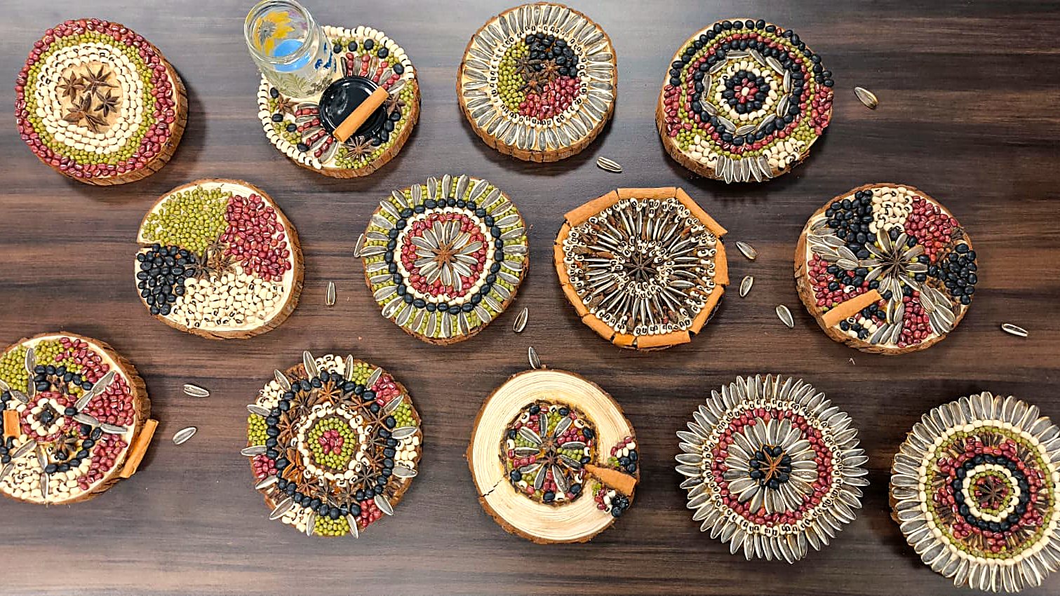 Finished seed mandalas from the GVSH mandala art workshop